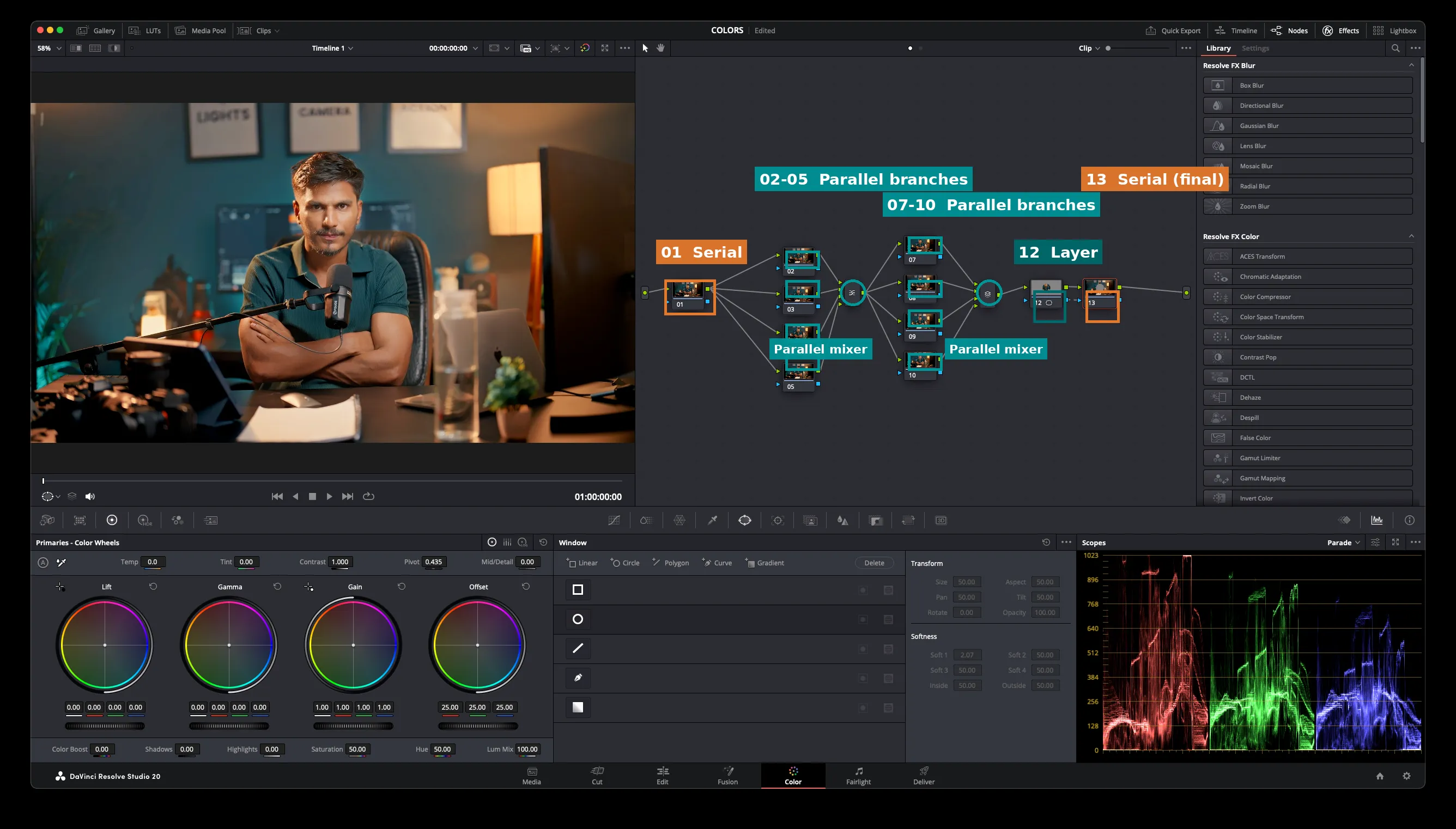 DaVinci Resolve node graph labelled — Serial node 01, Parallel branches 02-05 and 07-10 with their Parallel mixer icons, Layer node 12, and final Serial node 13