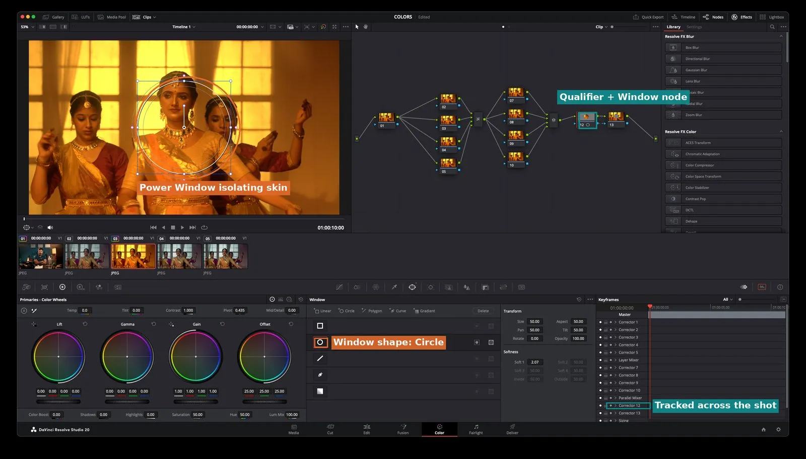 DaVinci Resolve Color page annotated showing the tracked circular Power Window isolating skin, the Qualifier + Window node highlighted in the node graph, and the tracked keyframe row
