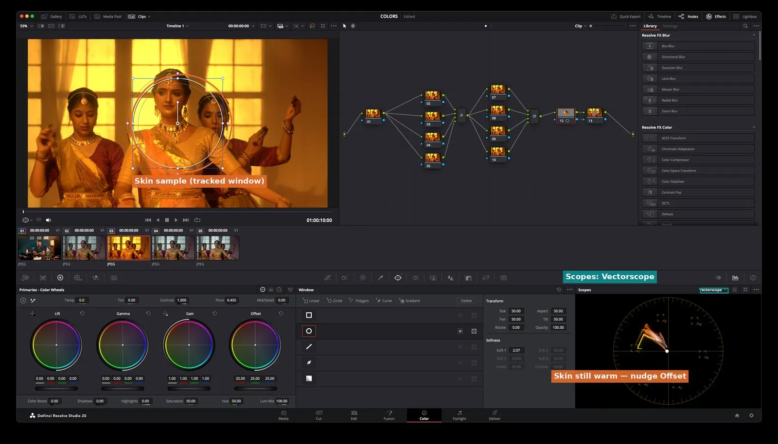 DaVinci Resolve Color page with Vectorscope panel annotated, marking the sampled skin tone still reading warm and the direction to nudge Offset
