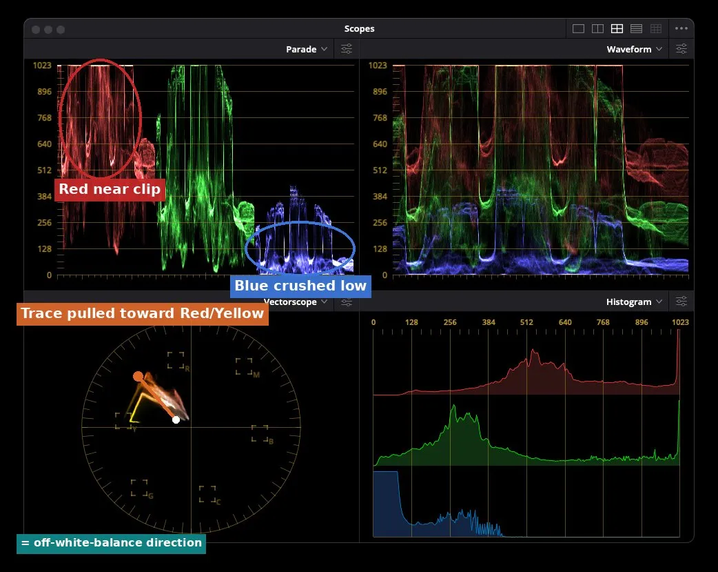 DaVinci Resolve scopes panel annotated — Red channel near clip in the Parade, Blue crushed low, and the Vectorscope trace pulled toward Red/Yellow marking the off-white-balance direction